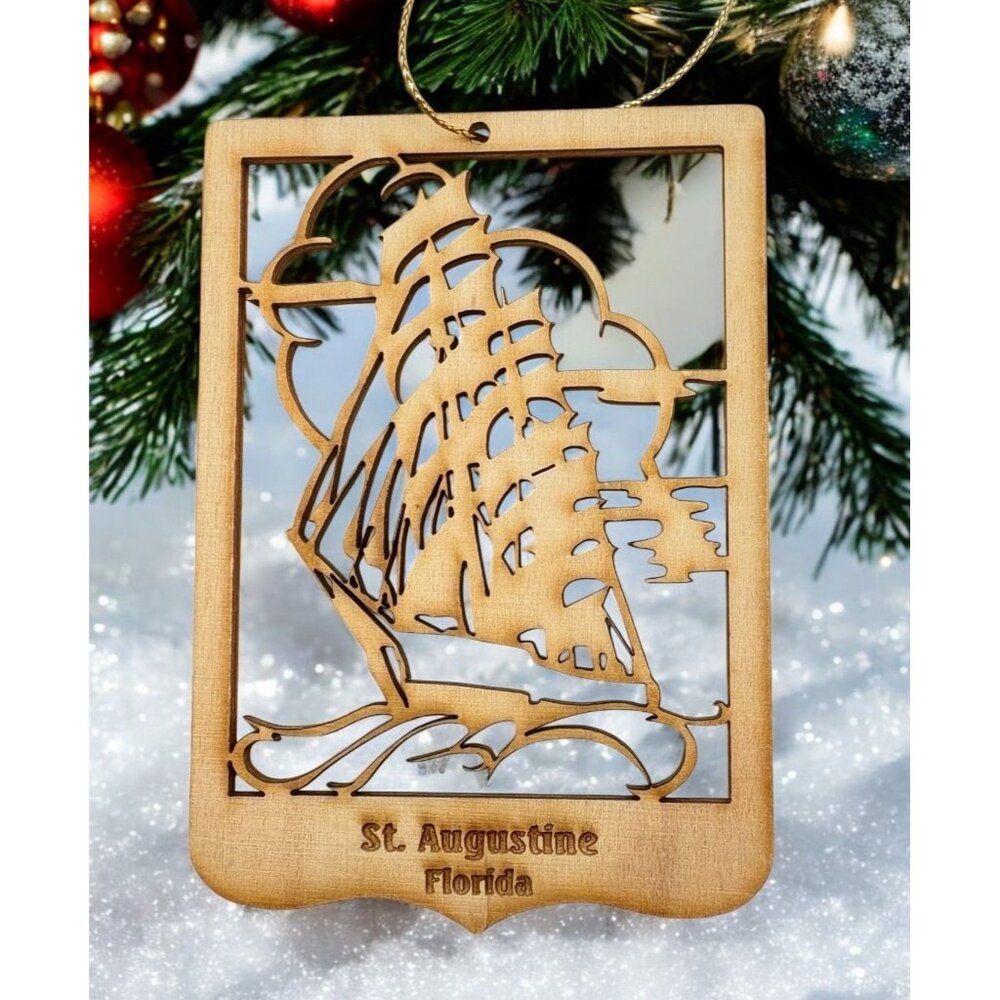 Vintage Wooden Ship Christmas Tree Ornament St Augustine Florida Nautical Boat